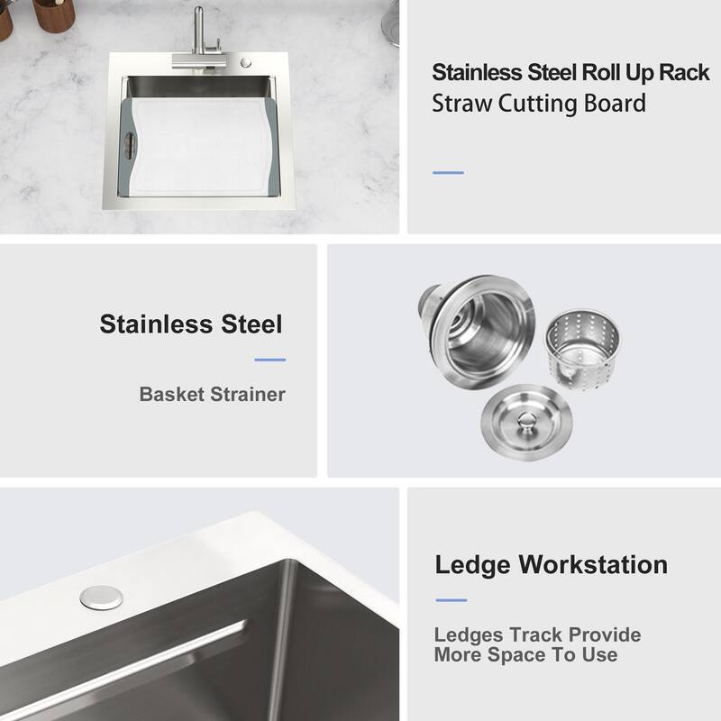 21 Inch Drop-in Single Bowl 16 Gauge Stainless Steel Kitchen Sink with Pull-Out Faucet in Brushed Nickel - 21'' x 20'' x 9''
