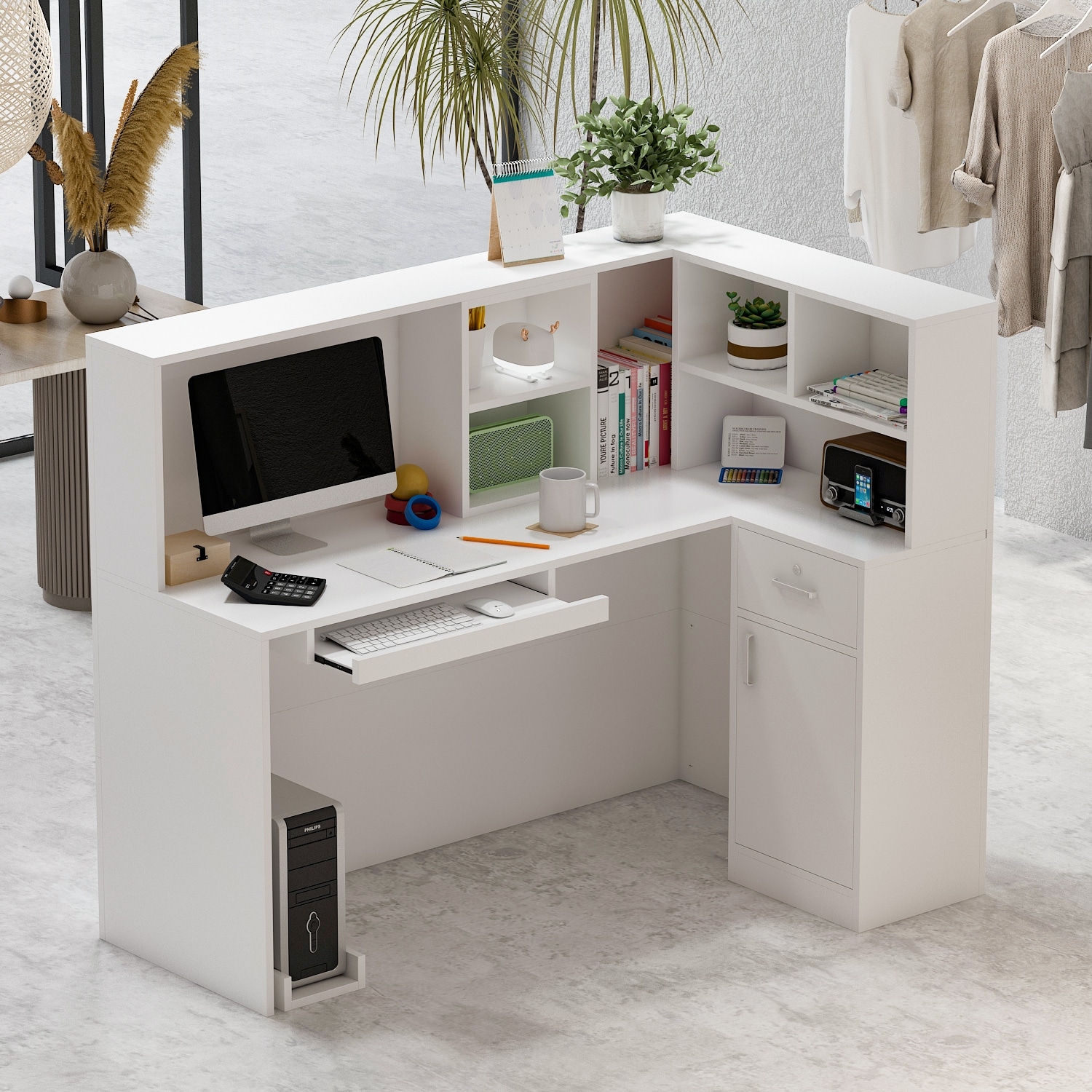 FUFU&GAGA 55.1 in. W x 43.3 in. H White MDF Computer Desk with a