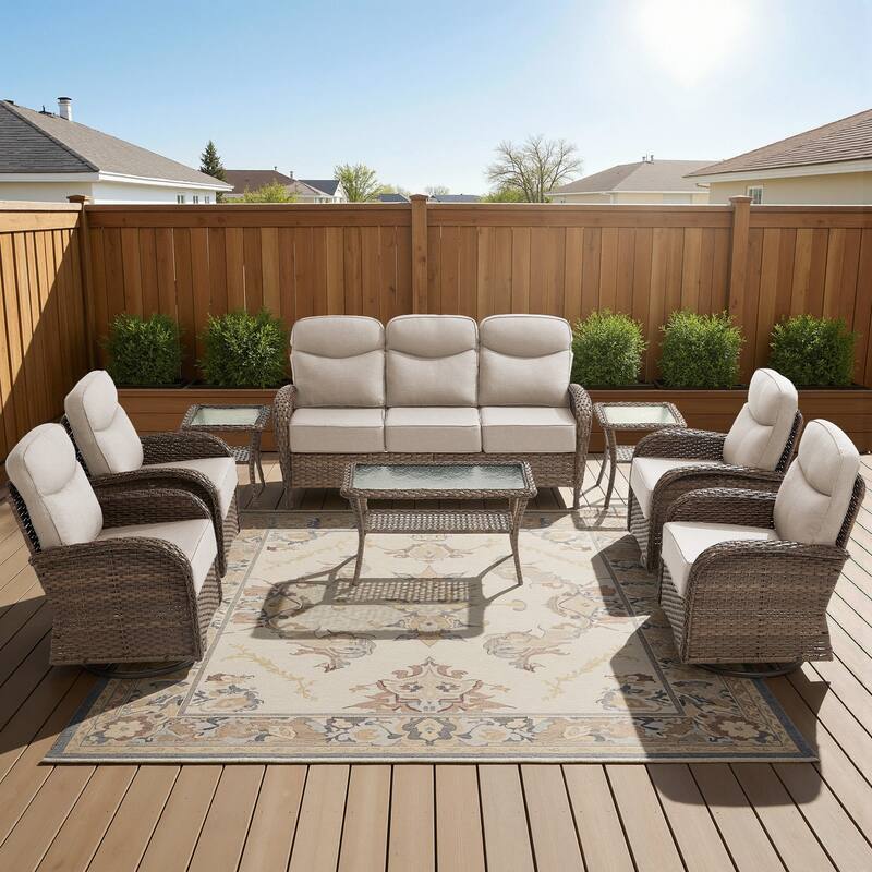 Luna 8-Piece Wicker Patio Conversation Set with Swivel Gliders and 6-Inch Thick Olefin Cushions - Beige Cushions - Brown Wicker
