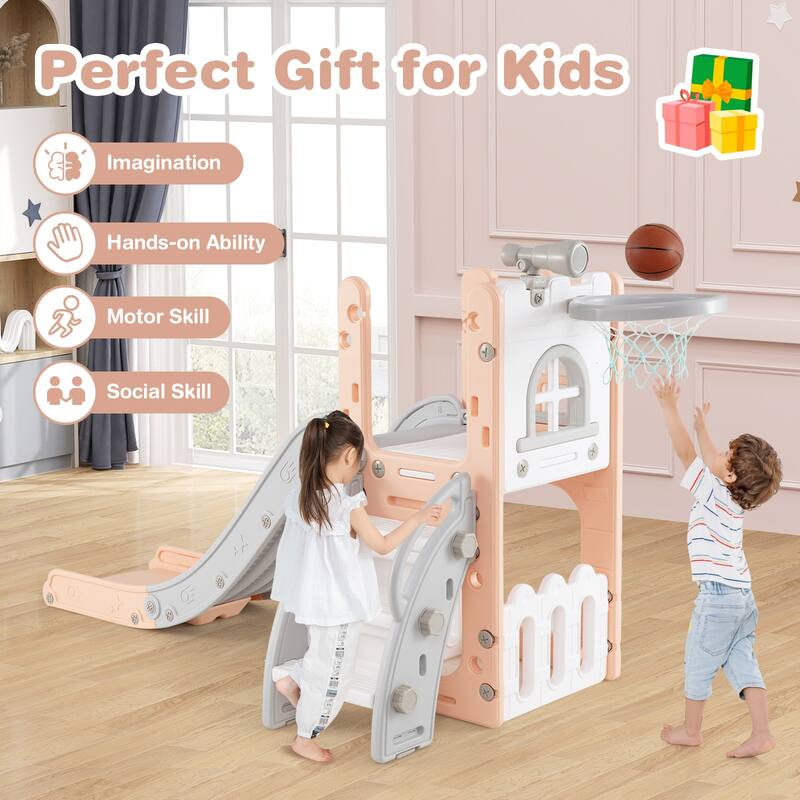 6 in 1 Toddler Slide and Playset for Kids with Basketball Hoop Climber Telescope and Storage - 27" x 57" x 33.5" (L x W x H)