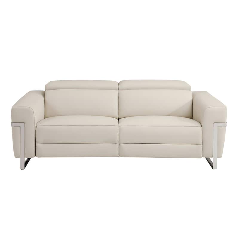 HomeRoots 83" Beige Italian Leather USB Reclining Sofa With Silver Legs