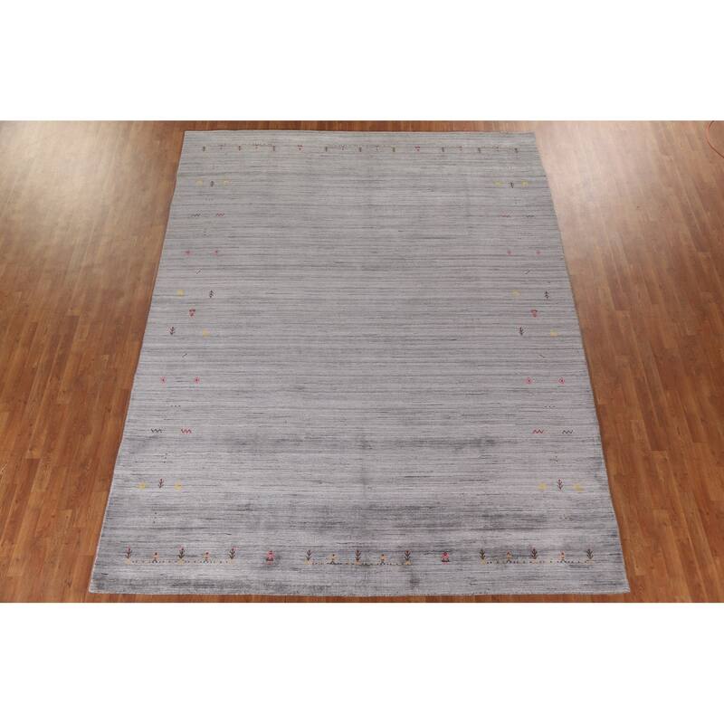 Striped Gabbeh Indian Area Rug Hand-Knotted Grey Wool Carpet - 9'0"x 11'8"