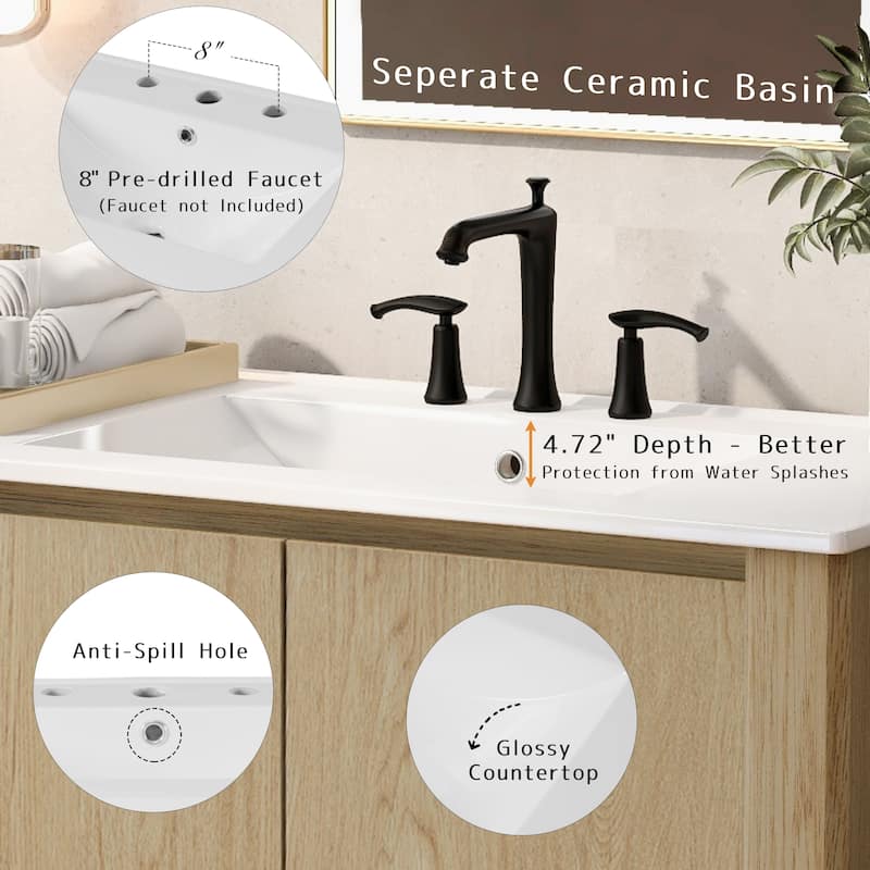 Large Storage Vanity Cabinet for Bathroom with 45 Degrees Free-Handle Design Soft-Closing Doors and Open Shelf at the Bottom