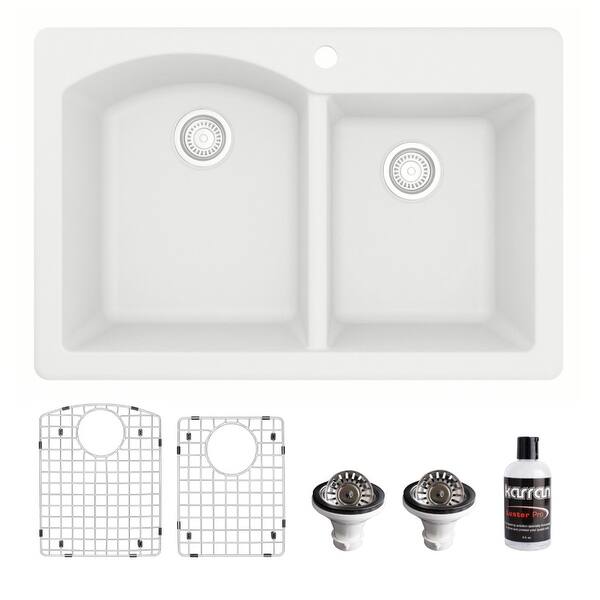 slide 58 of 65, Karran Drop-In Quartz 33 in. 1-Hole 60/40 Double Bowl Kitchen Sink Kit White