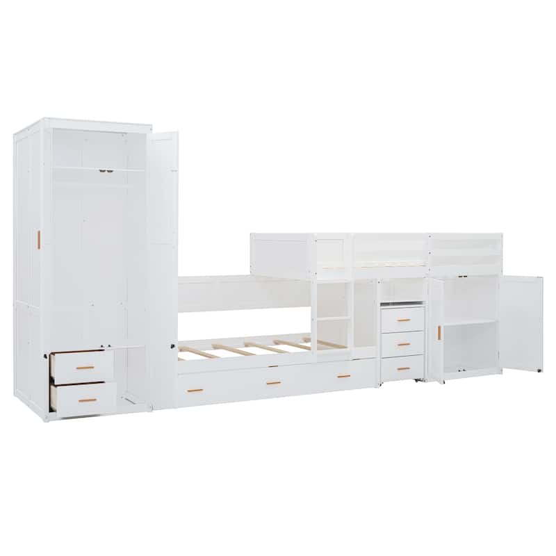 Twin Wooden Bunk Bed with Trundle, Cabinet, Wardrobe, Desk and Drawers, White