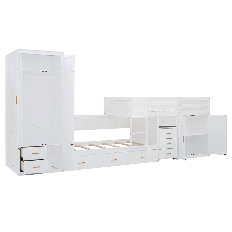 Twin Wooden Bunk Bed with Trundle, Cabinet, Wardrobe, Desk and Drawers