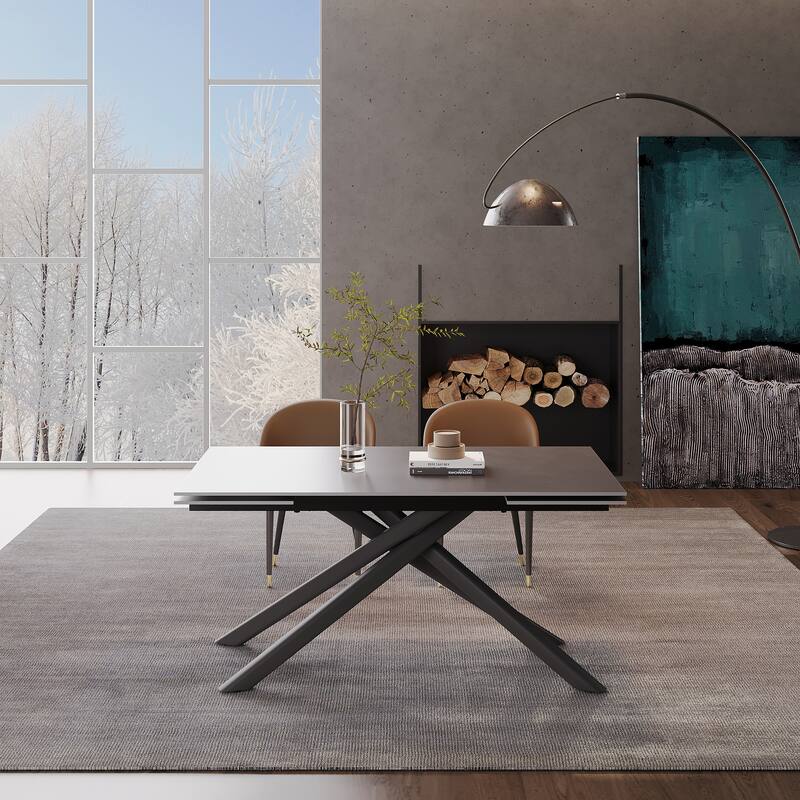 9 - Piece Extendable Rectangular Sintered Stone Cross Legs Dining Set With 8 Chairs For Home or Villa