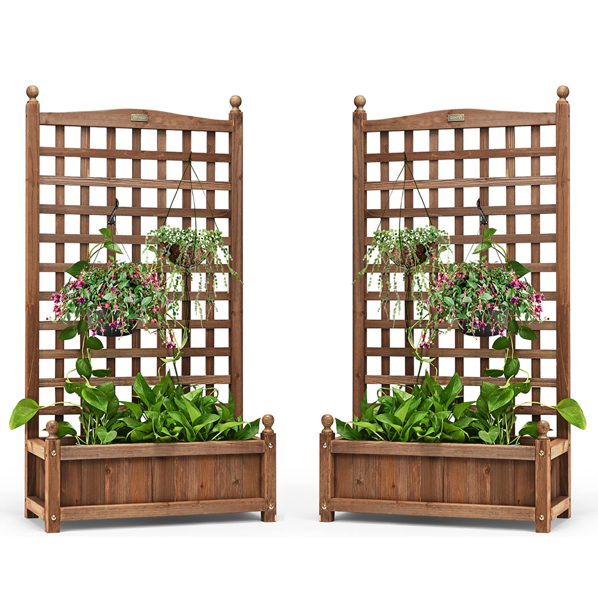 Costway 2 Pcs Solid Wood Planter Box With Trellis Weather Resistant