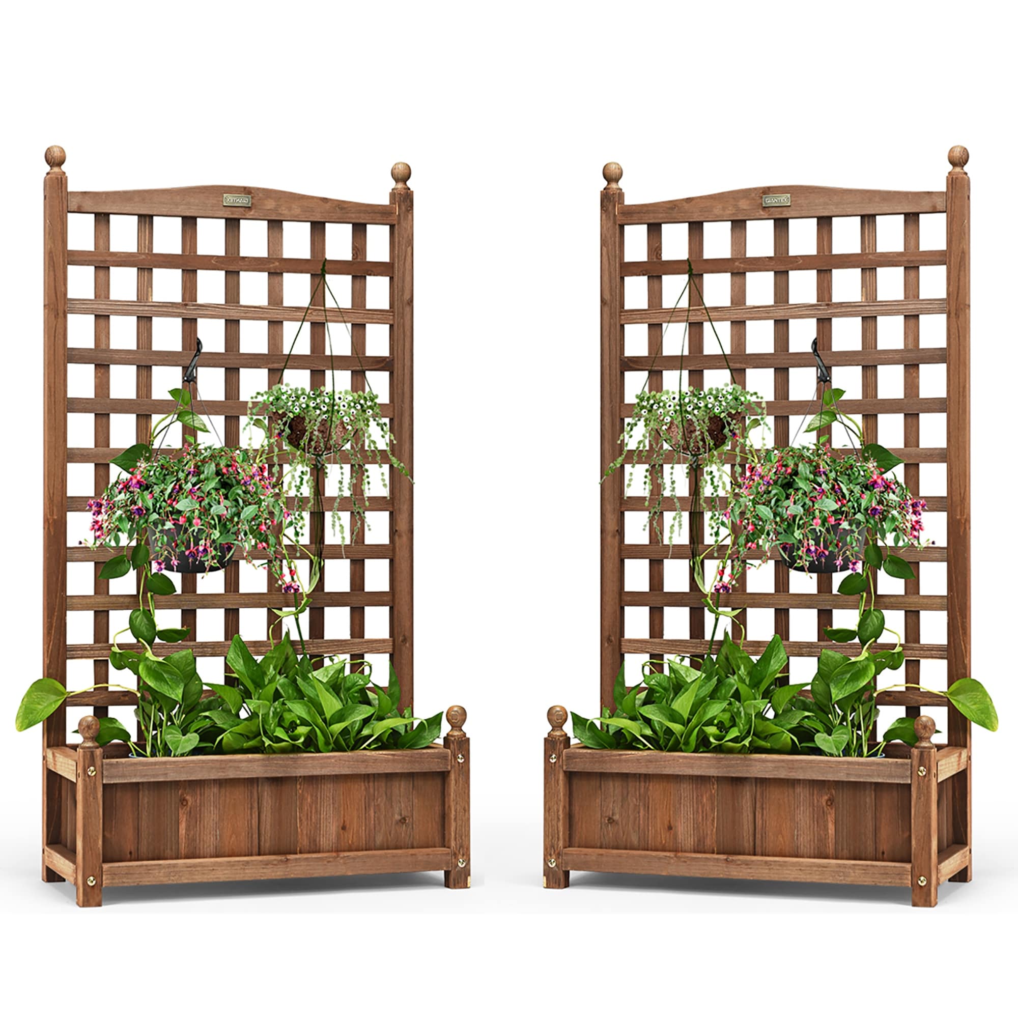 Costway 2 PCS Solid Wood Planter Box with Trellis Weather-Resistant