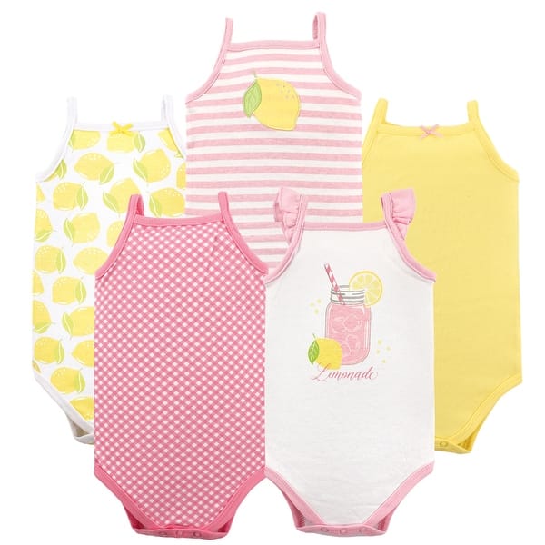 slide 1 of 1, Hudson Baby Infant Girl Cotton Sleeveless Bodysuits 5pk, Lemonade 12-18 Months - Lemonade
