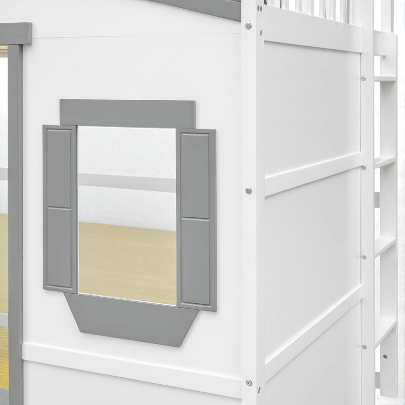 Twin/Full Size Wooden House Loft Bed with Guardrails and Slanted Ladder, No Box Spring Required
