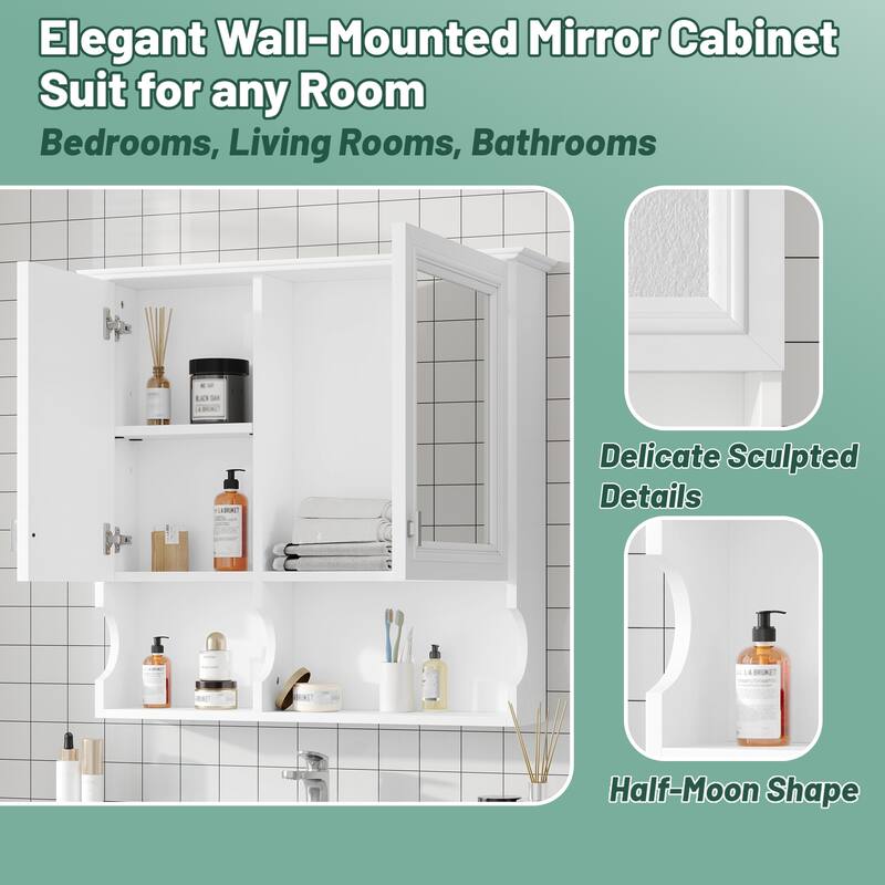 30 Inch Mirror Medicine Cabinet with Open Shelves, Wall Mounted Home Storage with Doors & Mirror, Adjustable Shelf