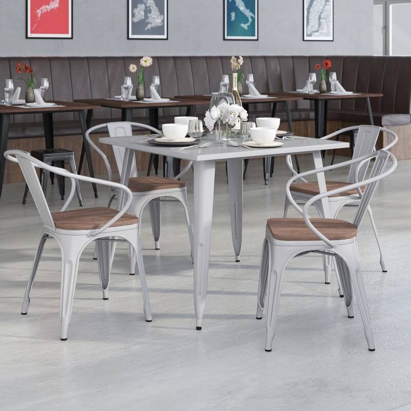 4 Pk. Metal Chair with Wood Seat and Arms - Silver