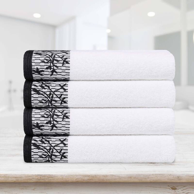 Superior Wisteria Cotton Floral Jacquard Border Bath Towel Set - White/Black