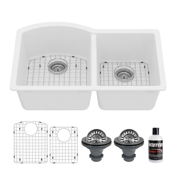 slide 2 of 20, Karran Undermount Quartz 32 in. 60/40 Double Bowl Kitchen Sink Kit White