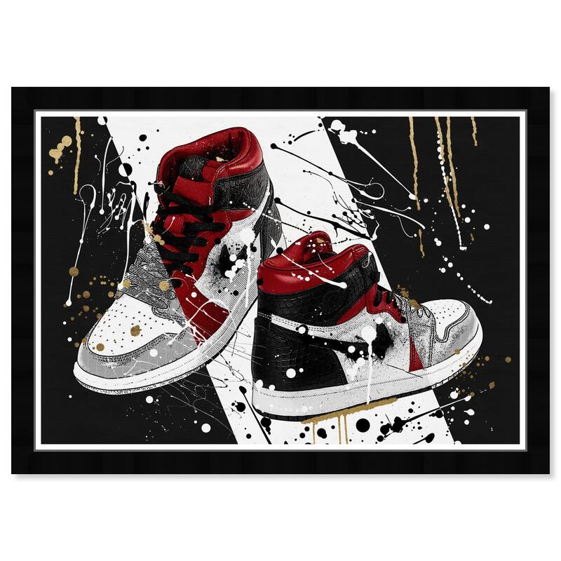 Wynwood Studio Prints Fashion and Glam Paint Dripped Sneakers Black and Dark Red Modern & Contemporary Wall Art Canvas Print
