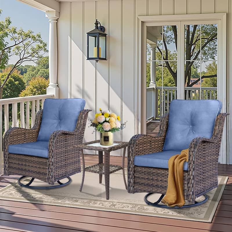 3 Piece Outdoor Patio Conversation Wicker Furniture Swivel Chairs Sets - Denim Blue-Brown Rattan