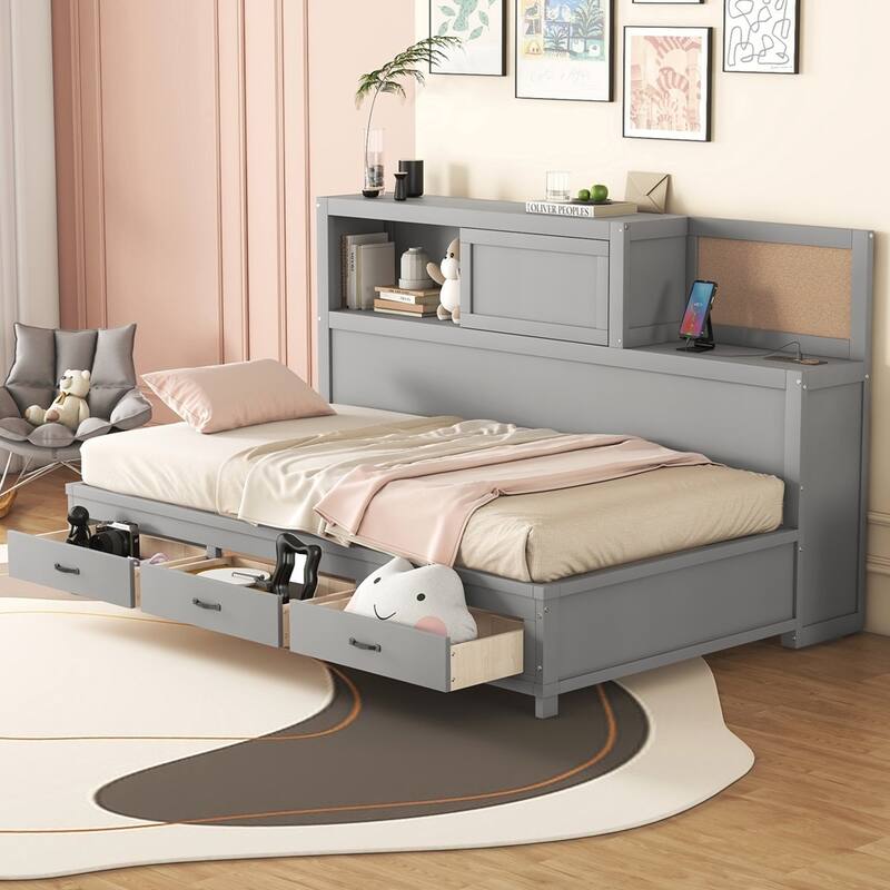 Modern Wooden Daybed with 3 Storage Drawers and USB Ports