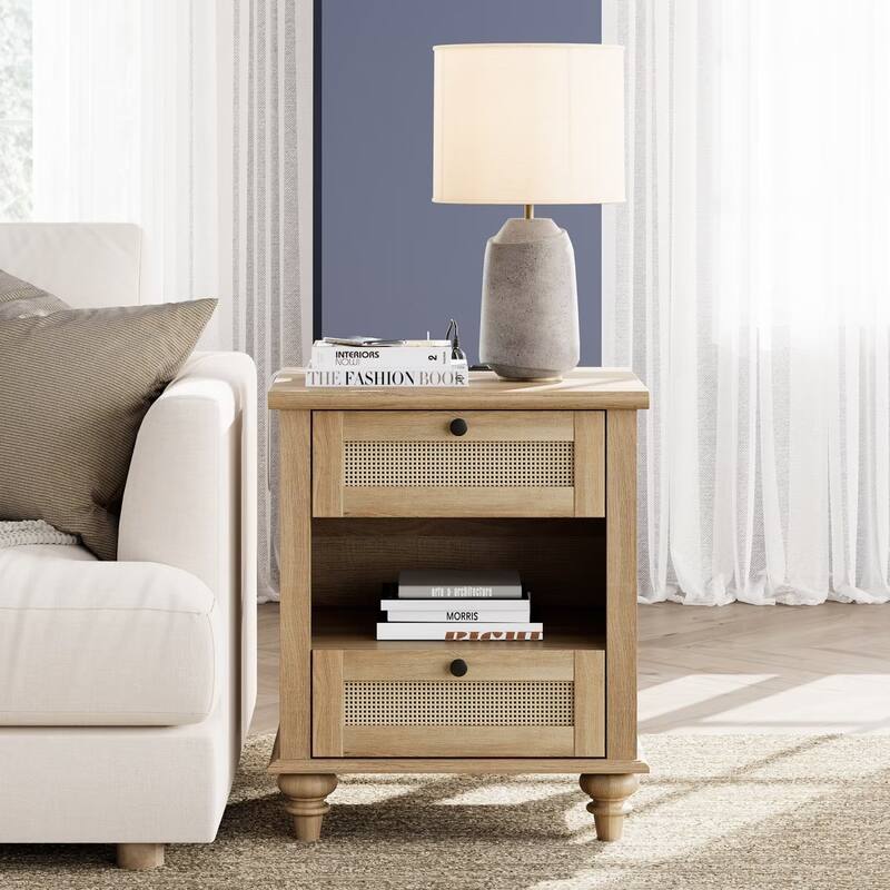 Farmhouse Nightstand Bedside Table, Wood 2-Drawer Side Table