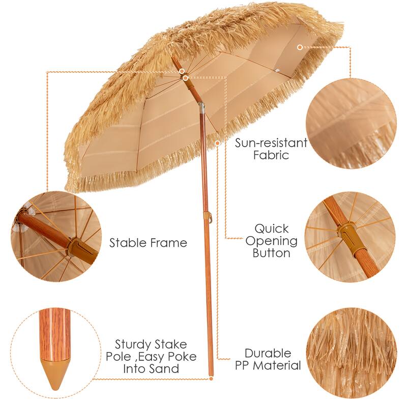 6.5Ft Thatched Patio Umbrella Portable Hawaiian Tilt Tiki Umbrella