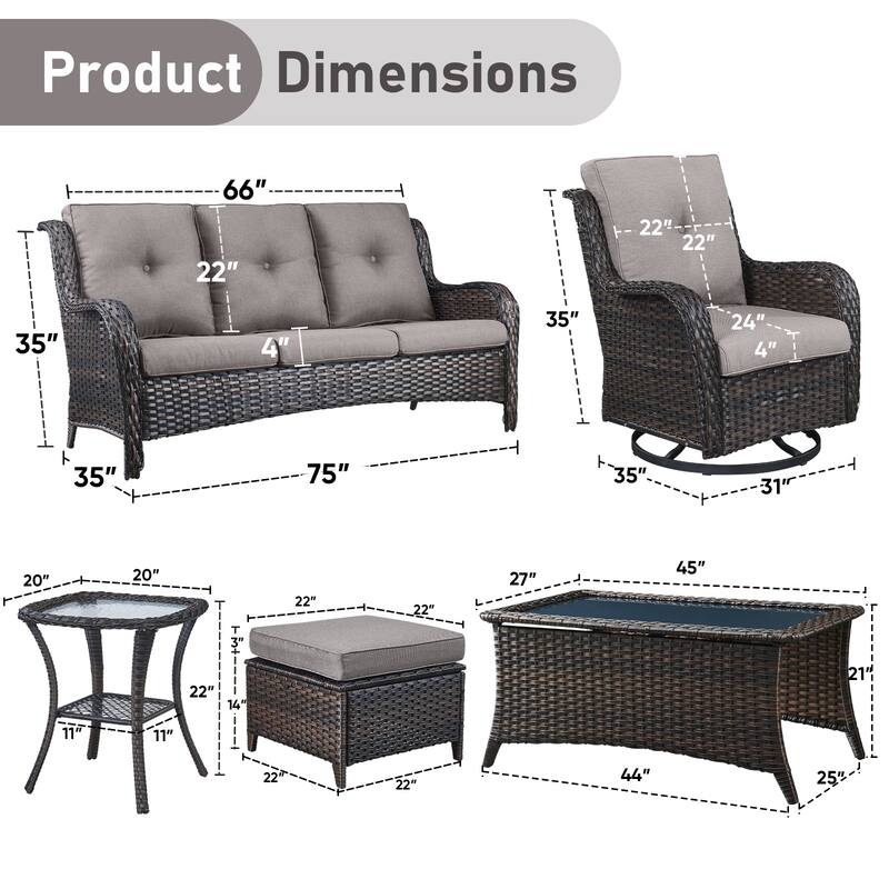 Pocassy Outdoor 7PCS 3-Seat Sofa Swivel Chairs Table Ottoman