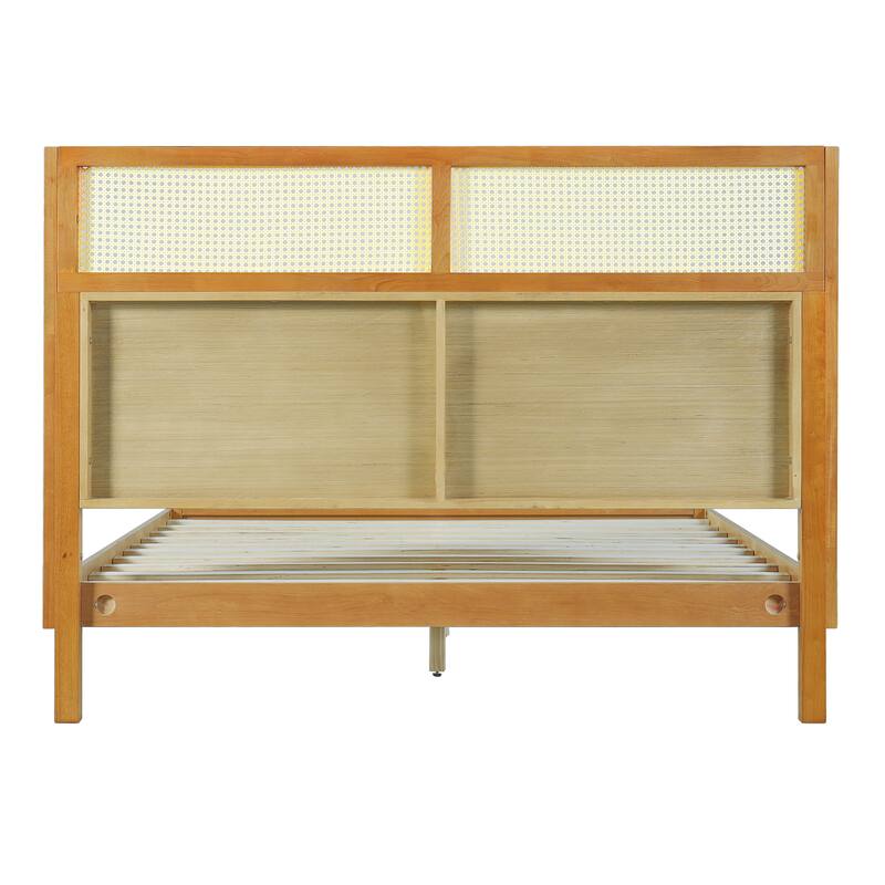 Queen Size Rubber Wood Platform Bed Frame with Headboard, Mid Century Modern Design
