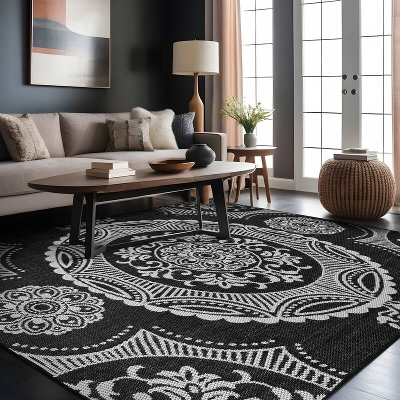 Beverly Rug Blue Medallion Indoor Outdoor Rug, Outside Carpet for Patio, Deck, Porch