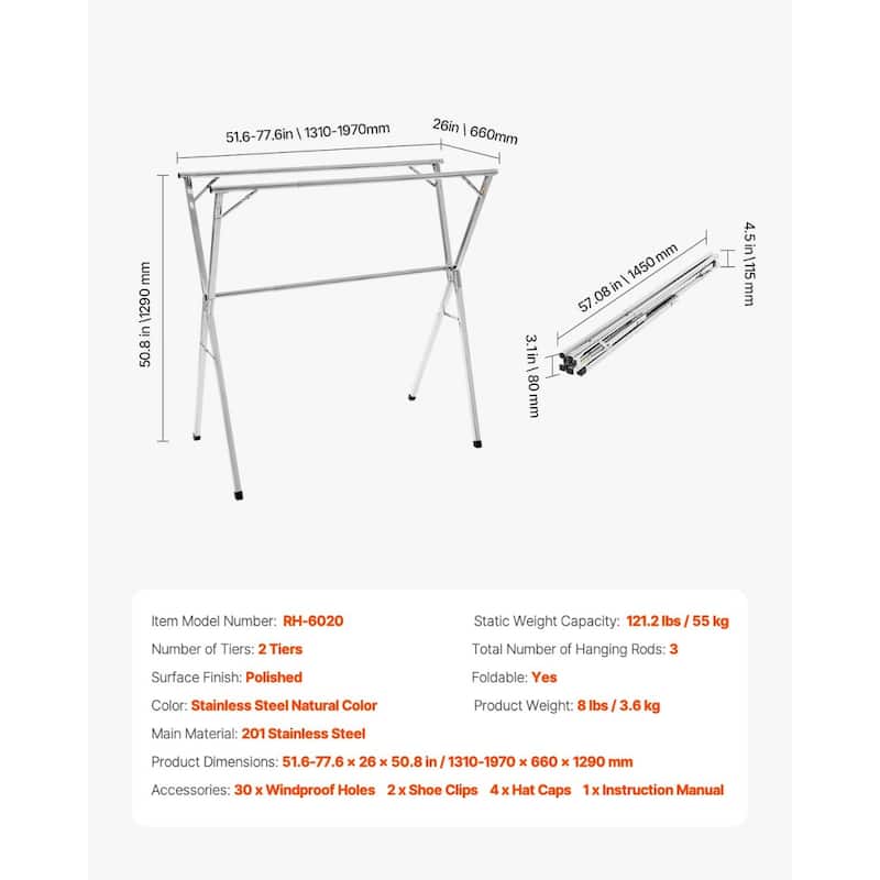 Adjustable Foldable Stainless Steel Clothes Drying Rack with 2 Tiers and 3 Rods for Indoor and Outdoor Use