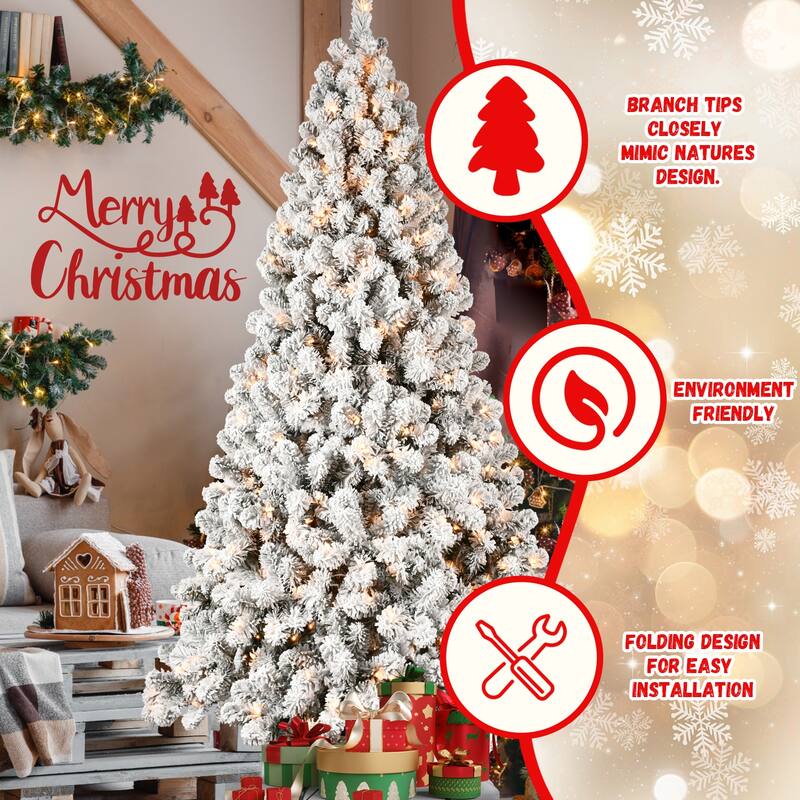 Pre-Lit Snow Flocked Tree - UL Warm White Lights, Auto-Unfold Memory Wire, Metal Stand - Green,White