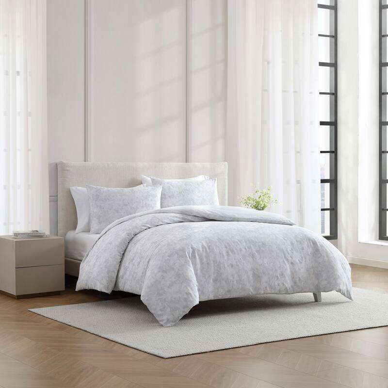 Vera Wang Nebulous Flower Reversible Cotton Tailored Comforter Set Modern (Grey, 3 Piece)
