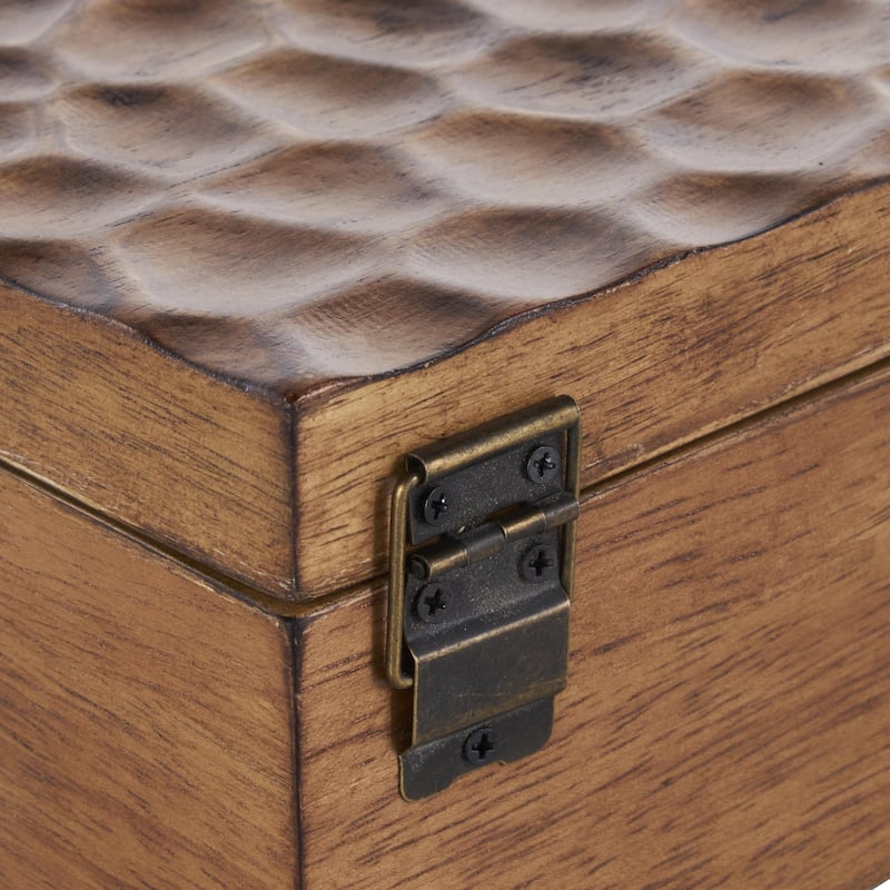 Wood Geometric Textured Concave Honeycomb Storage Decorative Box with Black Knobs - Set of 2 Brown - Roche River Decor