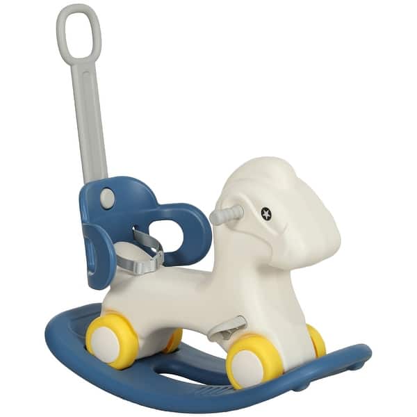 slide 2 of 10, 4 in 1 Rocking Horse for Toddles 2-5 Years, Baby Ride on Horse with Detachable Push Handle & Balance Board, - Blue Blue