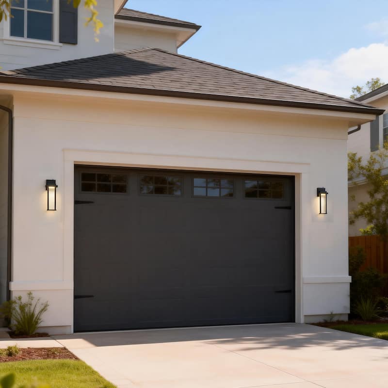 15 in. Sand Black Dusk to Dawn LED Outdoor Hardwired Wall Sconce with Water Wave Glass - Dimmable, 2700K, Wet Rated