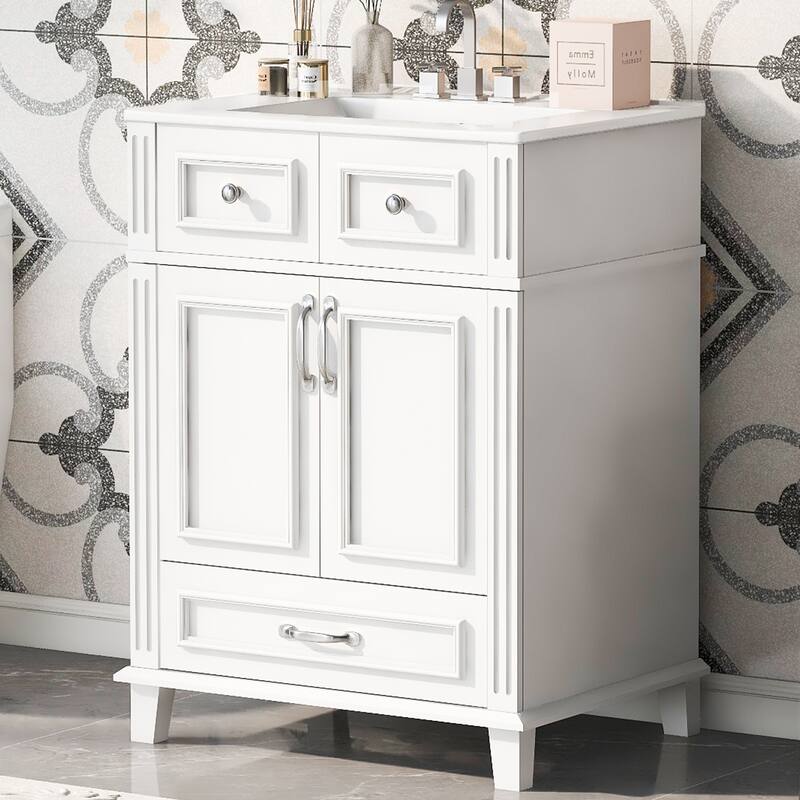 24" Bathroom Vanity with Ceramic Sink,Solid Wood Frame Bathroom Storage Cabinet with Soft Closing Doors,Retro Style - White
