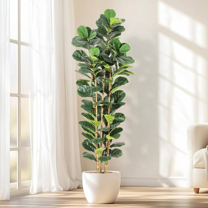 Artificial Faux Fiddle Leaf Fig Tree with White Pot for Home Decor - 7ft