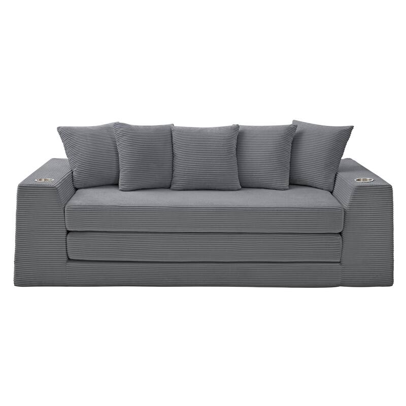 Modern Convertible Loveseat Sofa Bed, Corduroy Fabric Foldable Floor Couch w/5 Pillows, Side Pockets & Cup Holders, No Assembly