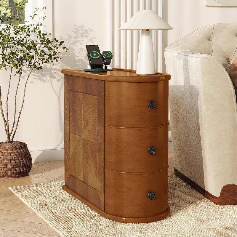 End Table with Charging Station, Sofa Side Table with Drawers, No Assembly Required