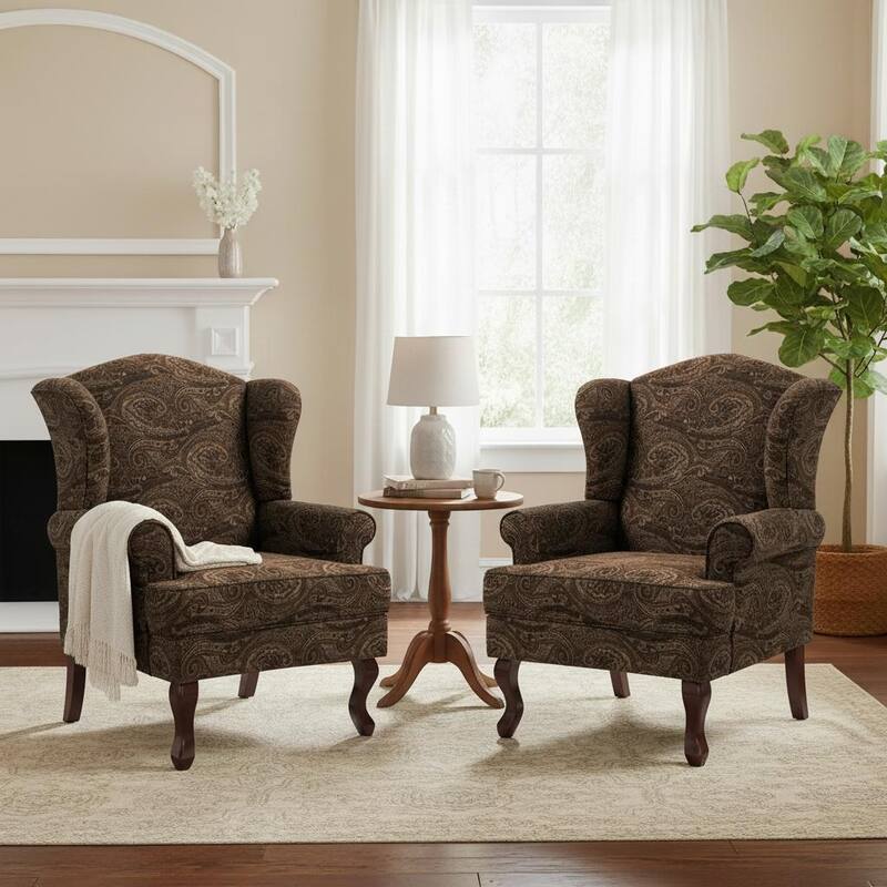 Classic Wingback Accent Chair for Living Room - Set of 2 - Cranberry/ Linen