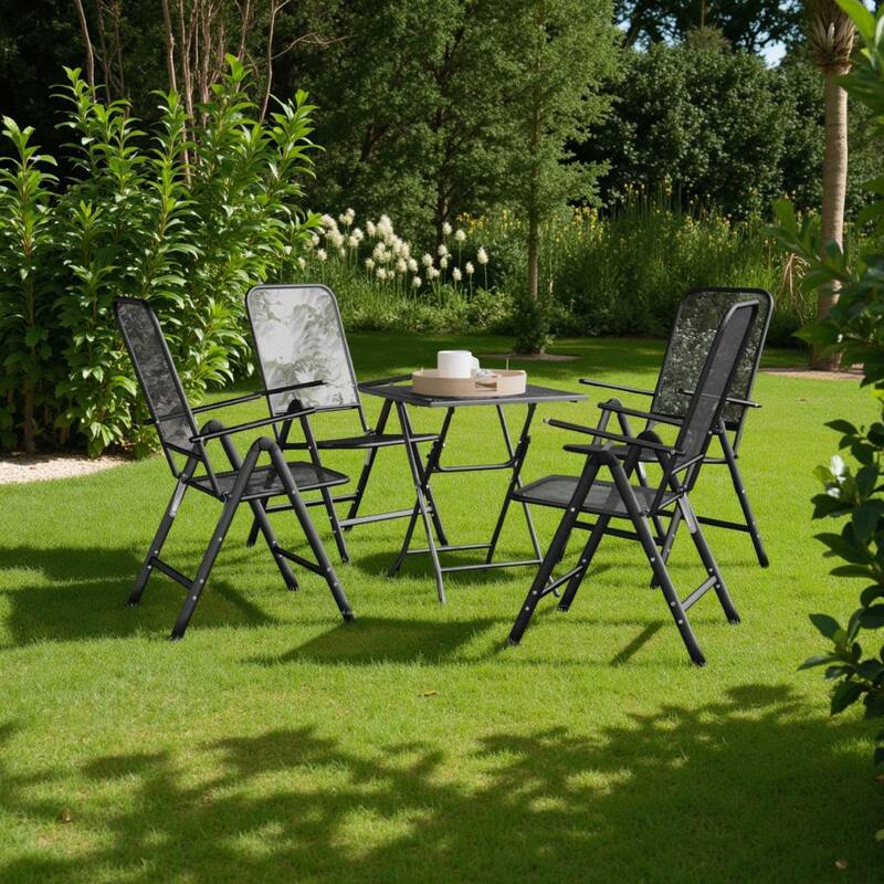 Ian 5 Piece Outdoor Dining Table Set, 4 Folding Chairs, Black Metal