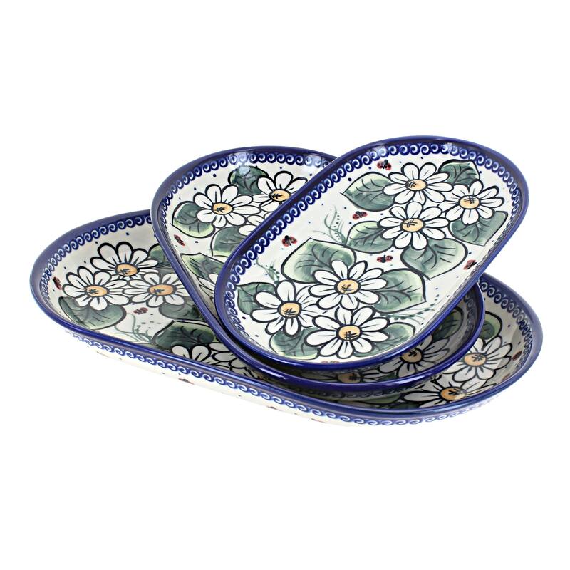 Blue Rose Polish Pottery 8600 Vena 3 Piece Oval Serving Set