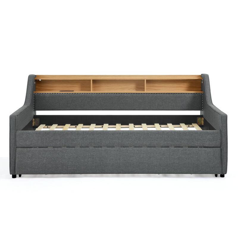 Wooden with LED Lights with Trundle Upholstered Sofa Bed