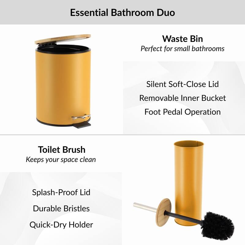 Bathroom Set with Bamboo Lid - Matte Metal Trash Can and Toilet Brush - 15.6" H x 11" L x 11" W