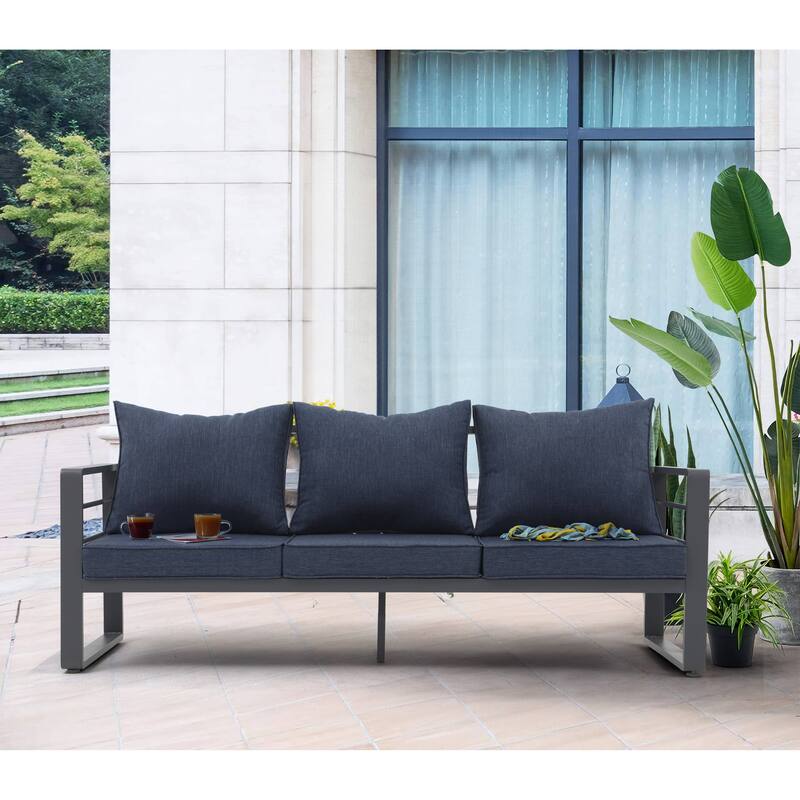 Outdoor Aluminum 3 Seater Sofa with Cushion - Grey/Navy