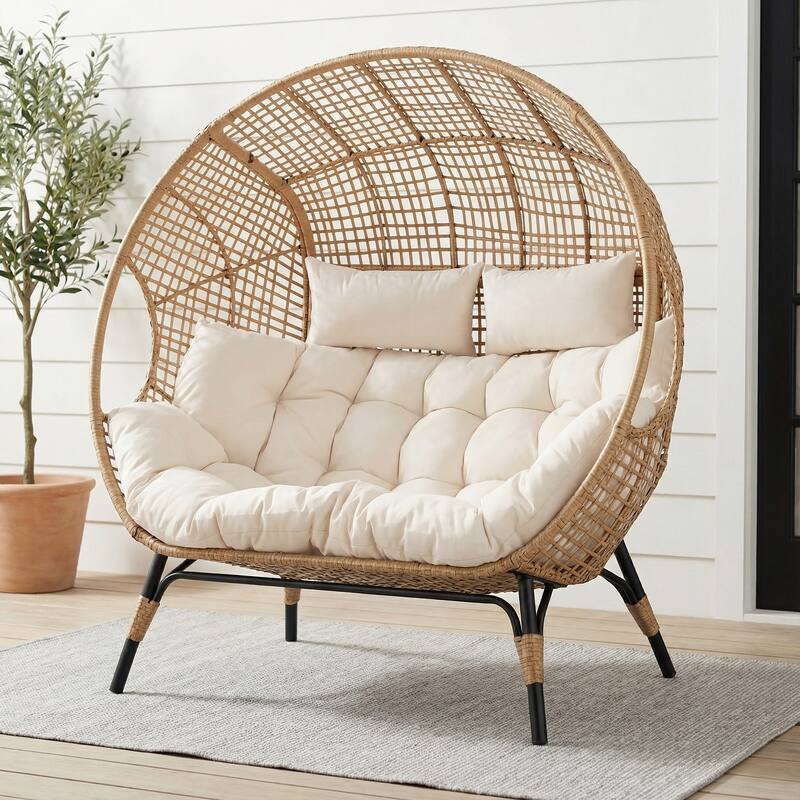 2-Person Papasan-Style Oversized PE Wicker Egg Chair with Cushions, 57.1" Wide, 680-lb Capacity, Indoor/Outdoor