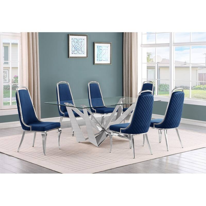 Best Quality Furniture D400/1-SC310-7 Dining Set with 78" 12mm Glass with Bevel - 7-Piece - Navy Blue / Silver