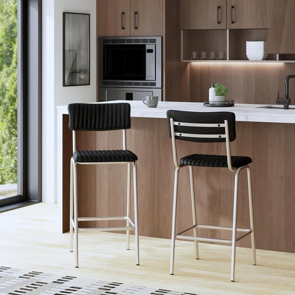 slide 2 of 8, Waylon 31 in. Seat Height Leather and Iron Bar Height Stool with Back and Footrest Black