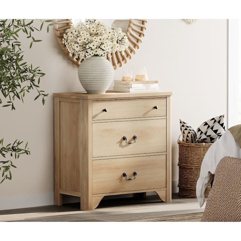 WAMPAT Large Farmhouse Nightstand with 3 Drawers,Wooden End Table - Oak - 3-drawer