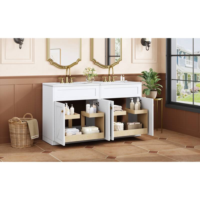 60"Bathroom Vanity with Ceramic Sink Combo, Modern Freestanding Storage Cabinet with Gold Handles, Soft Closing Doors