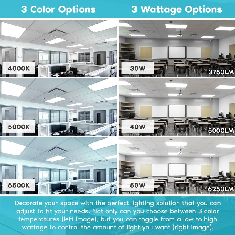 Luxrite 2x4 FT LED Flat Panel Light, 30/40/50W, 3 CCT 4000K-6500K, 3750/5000/6250 Lumens, 0-10V Dimmable, ETL DLC 2-Pack