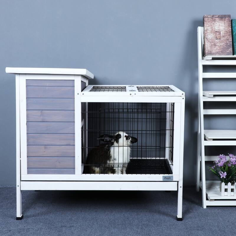 Two-Tier Wooden Cage with Runway & Tray for Small Animals Indoor Outdoor - Grey